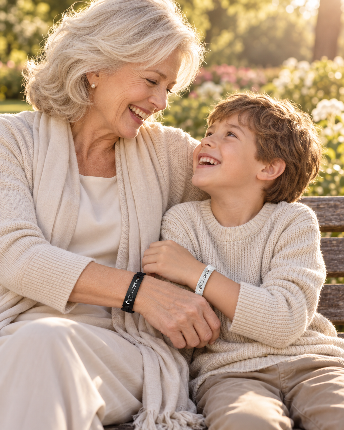Oma en kleinzoon in het park met matching armbanden